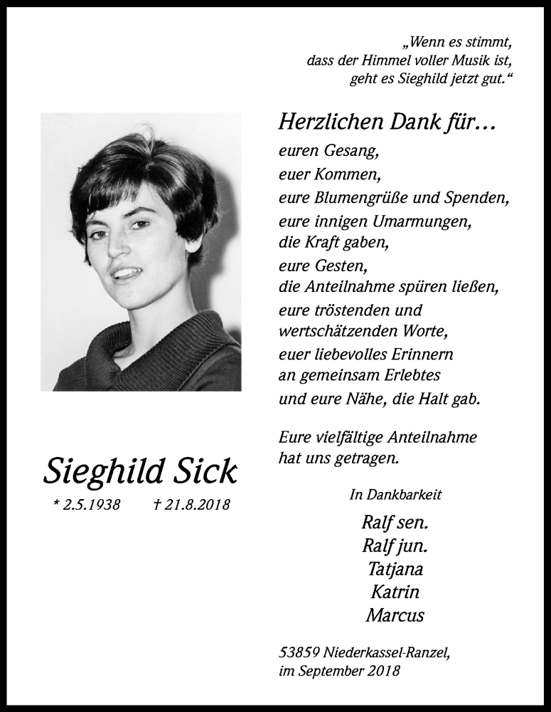  Traueranzeige für Sieghild Sick vom 15.09.2018 aus Kölner Stadt-Anzeiger / Kölnische Rundschau / Express