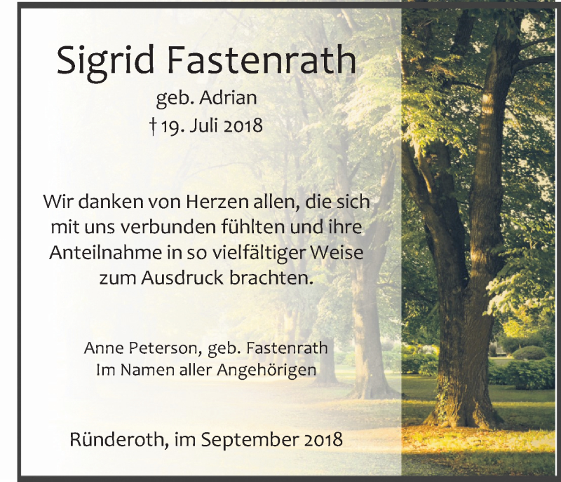  Traueranzeige für Sigrid Fastenrath vom 15.09.2018 aus Kölner Stadt-Anzeiger / Kölnische Rundschau / Express