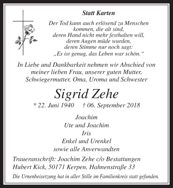 Anzeige von Sigrid Zehe von  Werbepost 