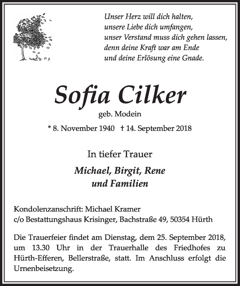  Traueranzeige für Sofia Cilker vom 22.09.2018 aus  Sonntags-Post 