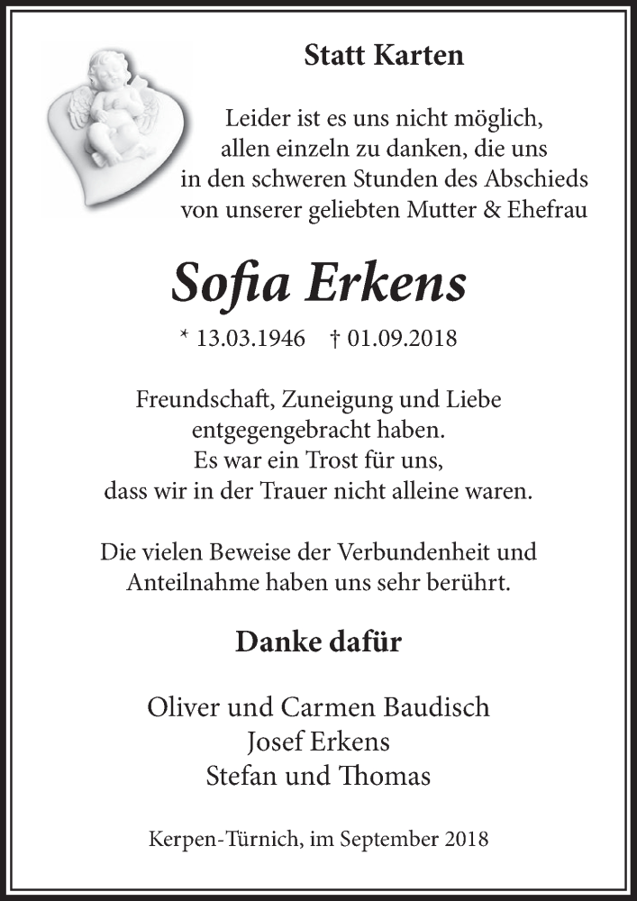  Traueranzeige für Sofia Erkens vom 29.09.2018 aus  Sonntags-Post 