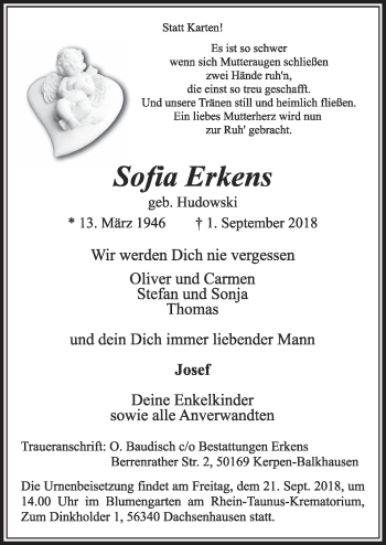 Anzeige von Sofia Erkens von  Sonntags-Post 
