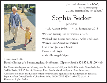 Anzeige von Sophia Becker von Kölner Stadt-Anzeiger / Kölnische Rundschau / Express