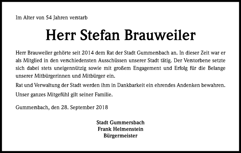  Traueranzeige für Stefan Brauweiler vom 29.09.2018 aus Kölner Stadt-Anzeiger / Kölnische Rundschau / Express