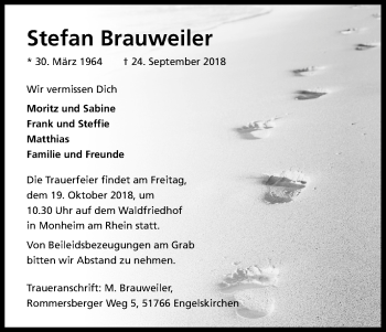 Anzeige von Stefan Brauweiler von Kölner Stadt-Anzeiger / Kölnische Rundschau / Express
