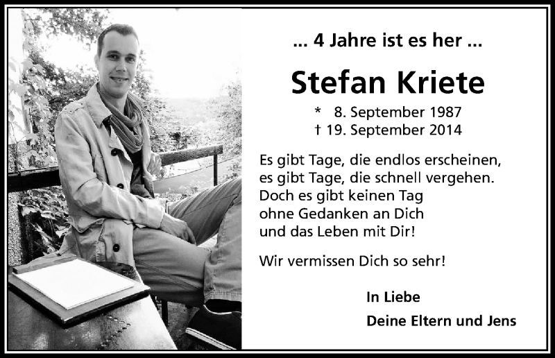  Traueranzeige für Stefan Kriete vom 19.09.2018 aus Kölner Stadt-Anzeiger / Kölnische Rundschau / Express