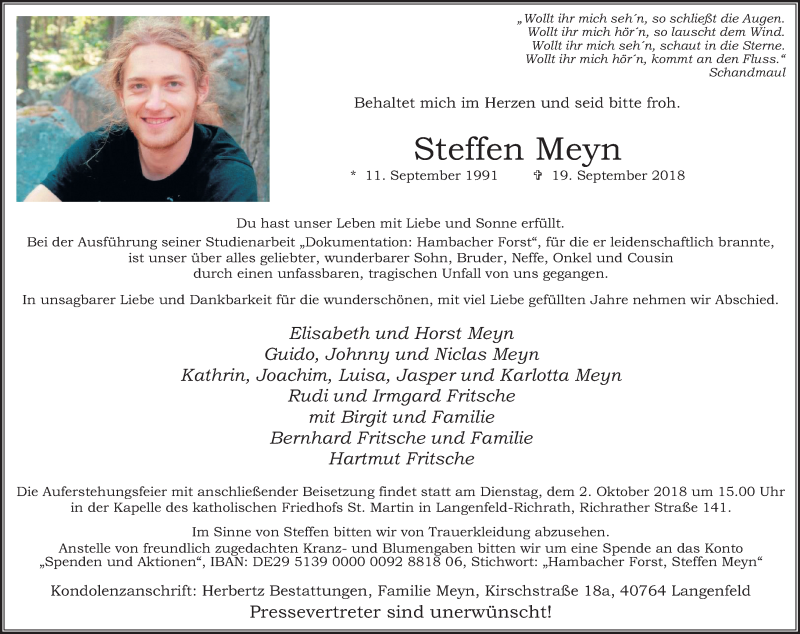  Traueranzeige für Steffen Meyn vom 26.09.2018 aus Kölner Stadt-Anzeiger / Kölnische Rundschau / Express