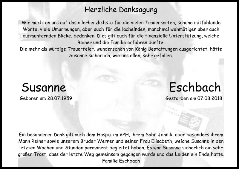  Traueranzeige für Susanne Eschbach vom 15.09.2018 aus Kölner Stadt-Anzeiger / Kölnische Rundschau / Express