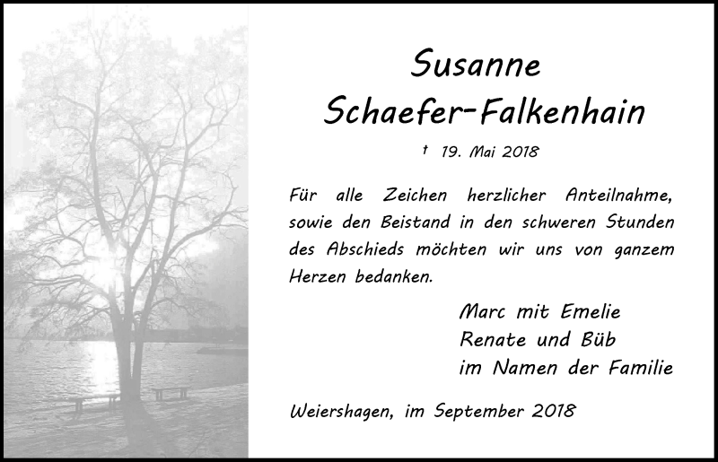  Traueranzeige für Susanne Schaefer-Falkenhain vom 19.09.2018 aus  Anzeigen Echo 