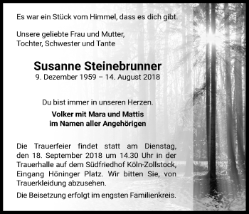 Anzeige von Susanne Steinebrunner von Kölner Stadt-Anzeiger / Kölnische Rundschau / Express