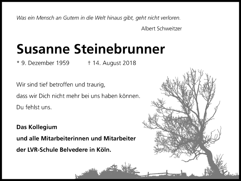  Traueranzeige für Susanne Steinebrunner vom 08.09.2018 aus Kölner Stadt-Anzeiger / Kölnische Rundschau / Express