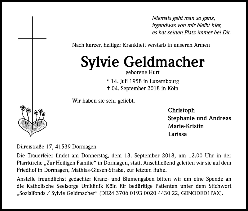  Traueranzeige für Sylvie Geldmacher vom 08.09.2018 aus Kölner Stadt-Anzeiger / Kölnische Rundschau / Express