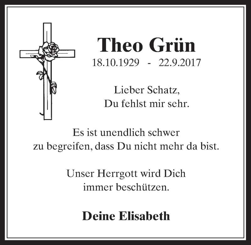 Traueranzeige für Theo Grün vom 12.09.2018 aus  Werbepost 