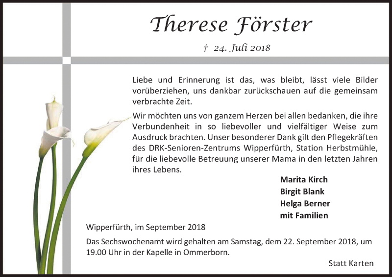  Traueranzeige für Therese Förster vom 15.09.2018 aus Kölner Stadt-Anzeiger / Kölnische Rundschau / Express