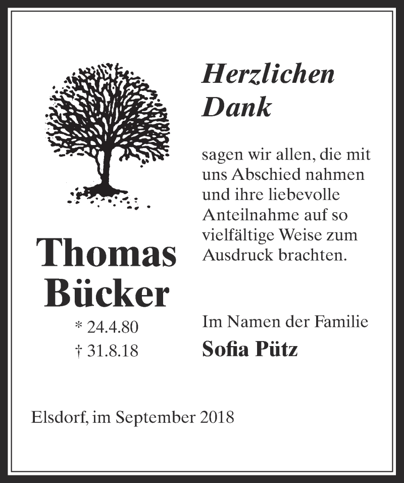  Traueranzeige für Thomas Bücker vom 26.09.2018 aus  Werbepost 