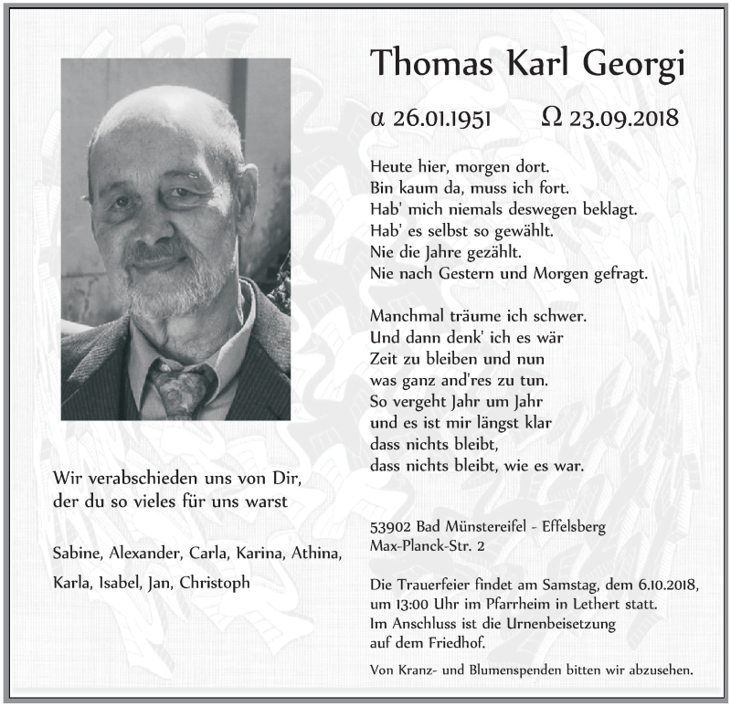  Traueranzeige für Thomas Karl Georgi vom 29.09.2018 aus  Blickpunkt Euskirchen 