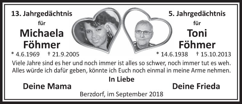  Traueranzeige für Toni Föhmer vom 19.09.2018 aus  Schlossbote/Werbekurier 