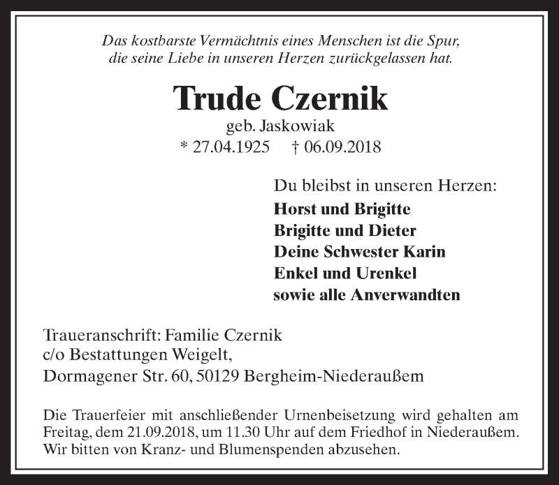  Traueranzeige für Trude Czernik vom 19.09.2018 aus  Werbepost 