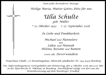 Anzeige von Ulla Schulte von Kölner Stadt-Anzeiger / Kölnische Rundschau / Express