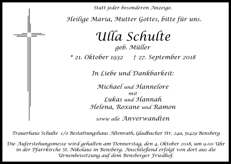  Traueranzeige für Ulla Schulte vom 29.09.2018 aus Kölner Stadt-Anzeiger / Kölnische Rundschau / Express