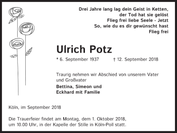 Anzeige von Ulrich Potz von Kölner Stadt-Anzeiger / Kölnische Rundschau / Express