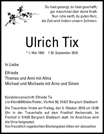 Anzeige von Ulrich Tix von Kölner Stadt-Anzeiger / Kölnische Rundschau / Express