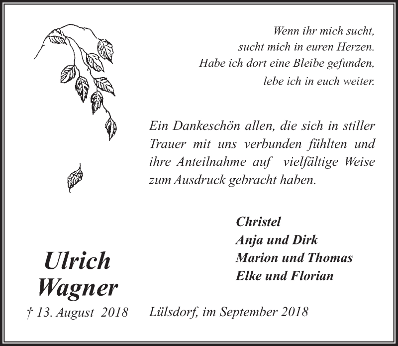  Traueranzeige für Ulrich Wagner vom 19.09.2018 aus  Extra Blatt 