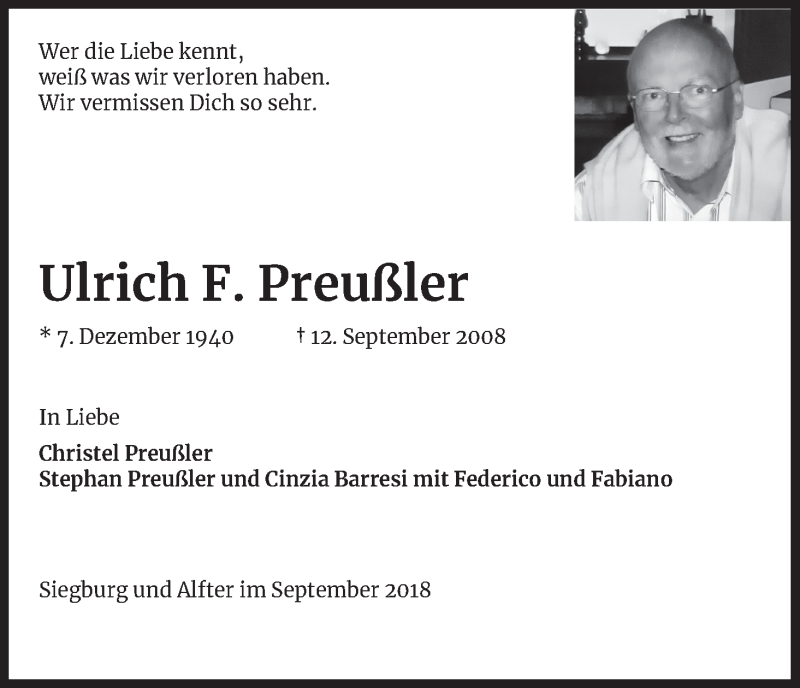  Traueranzeige für Ulrich F. Preußler vom 12.09.2018 aus Kölner Stadt-Anzeiger / Kölnische Rundschau / Express
