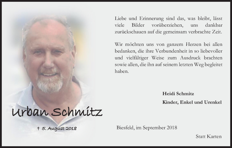  Traueranzeige für Urban Schmitz vom 15.09.2018 aus Kölner Stadt-Anzeiger / Kölnische Rundschau / Express