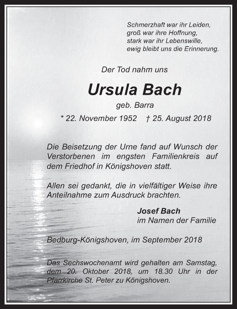  Traueranzeige für Ursula Bach vom 26.09.2018 aus  Werbepost 
