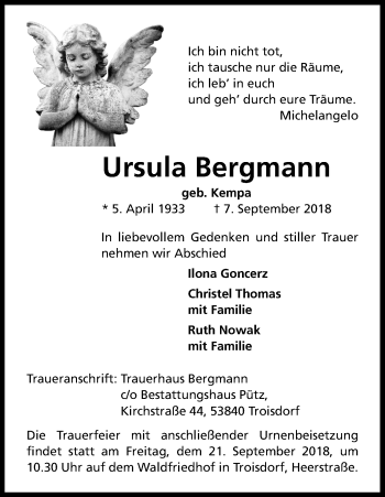 Anzeige von Ursula Bergmann von Kölner Stadt-Anzeiger / Kölnische Rundschau / Express