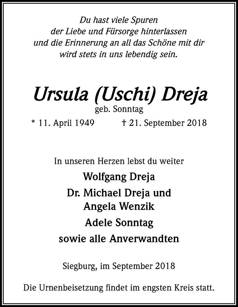  Traueranzeige für Ursula Dreja vom 29.09.2018 aus Kölner Stadt-Anzeiger / Kölnische Rundschau / Express