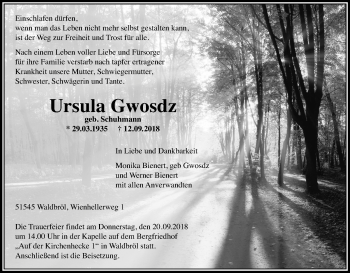 Anzeige von Ursula Gwosdz von Kölner Stadt-Anzeiger / Kölnische Rundschau / Express