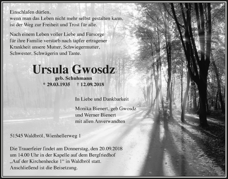  Traueranzeige für Ursula Gwosdz vom 19.09.2018 aus  Lokalanzeiger 