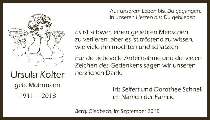  Traueranzeige für Ursula Kolter vom 12.09.2018 aus  Bergisches Handelsblatt 
