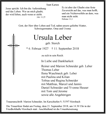 Anzeige von Ursula Leber von  Lokalanzeiger 