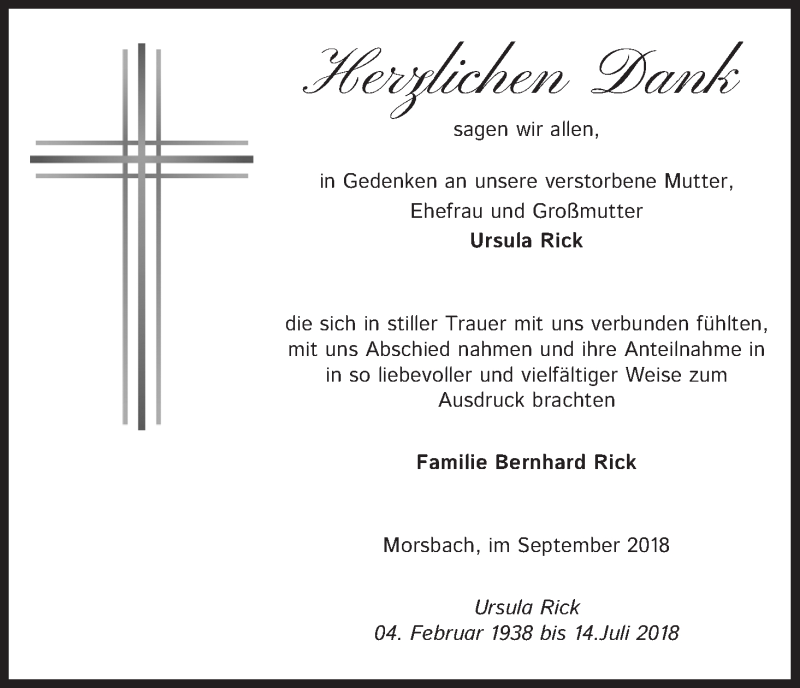  Traueranzeige für Ursula Rick vom 26.09.2018 aus Kölner Stadt-Anzeiger / Kölnische Rundschau / Express