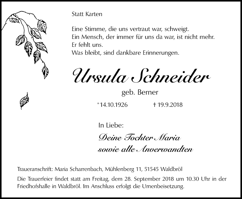  Traueranzeige für Ursula Schneider vom 26.09.2018 aus  Lokalanzeiger 