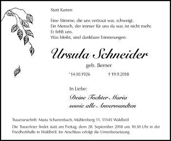 Anzeige von Ursula Schneider von  Lokalanzeiger 