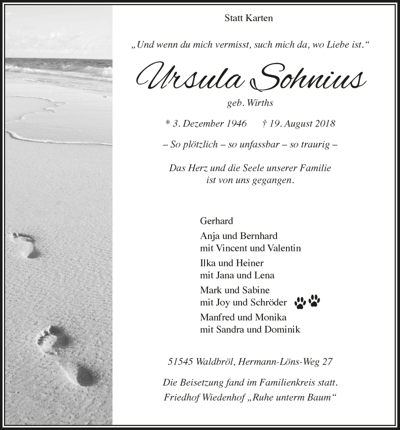  Traueranzeige für Ursula Sohnius vom 05.09.2018 aus  Lokalanzeiger 