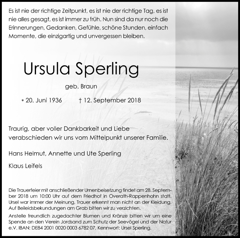  Traueranzeige für Ursula Sperling vom 22.09.2018 aus Kölner Stadt-Anzeiger / Kölnische Rundschau / Express