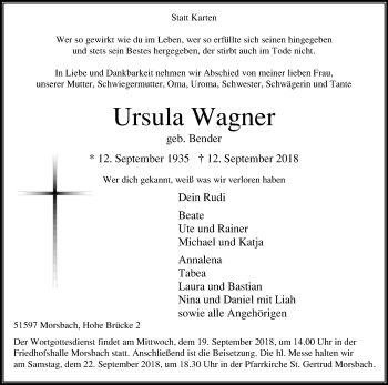 Anzeige von Ursula Wagner von Kölner Stadt-Anzeiger / Kölnische Rundschau / Express