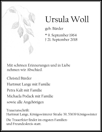 Anzeige von Ursula Woll von Kölner Stadt-Anzeiger / Kölnische Rundschau / Express