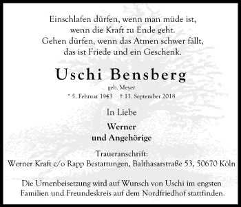 Anzeige von Uschi Bensberg von Kölner Stadt-Anzeiger / Kölnische Rundschau / Express
