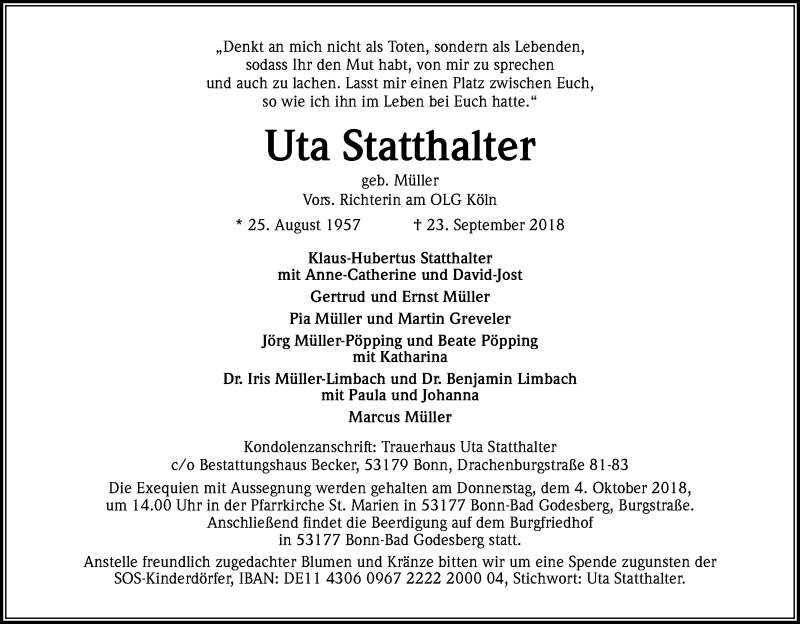  Traueranzeige für Uta Statthalter vom 29.09.2018 aus Kölner Stadt-Anzeiger / Kölnische Rundschau / Express