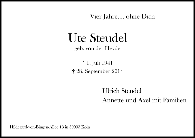  Traueranzeige für Ute Steudel vom 29.09.2018 aus Kölner Stadt-Anzeiger / Kölnische Rundschau / Express
