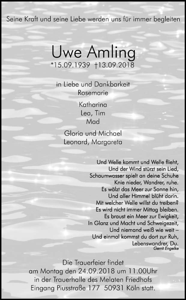  Traueranzeige für Uwe Amling vom 22.09.2018 aus Kölner Stadt-Anzeiger / Kölnische Rundschau / Express