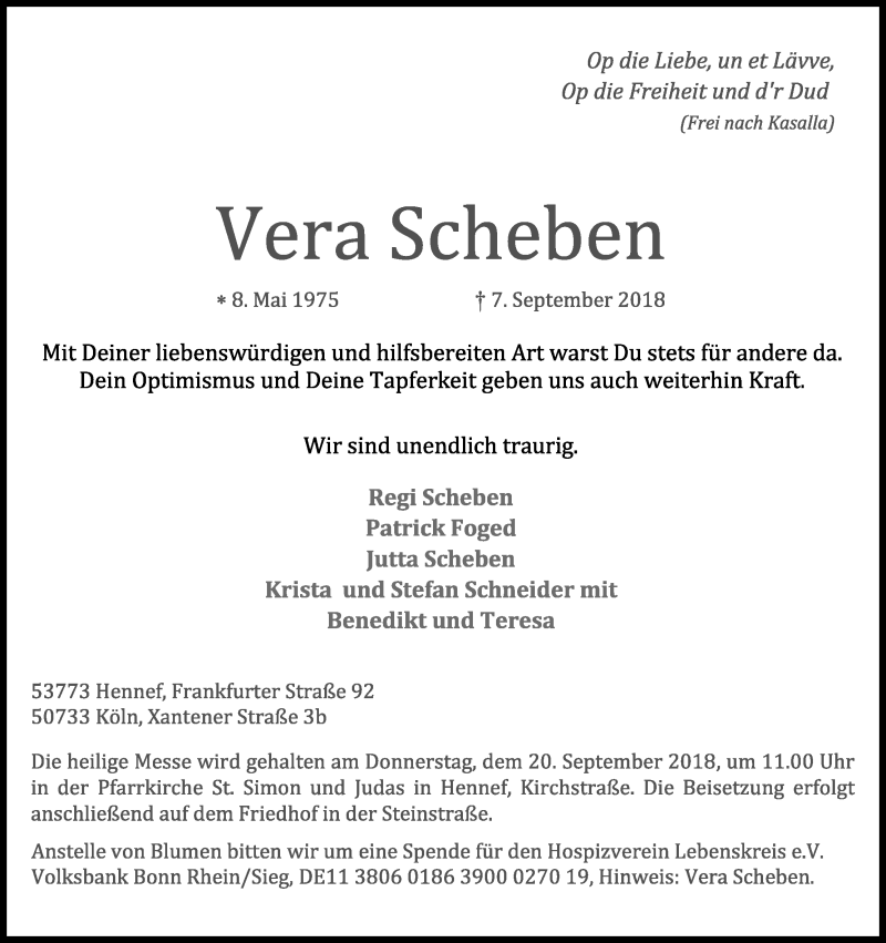  Traueranzeige für Vera Scheben vom 15.09.2018 aus Kölner Stadt-Anzeiger / Kölnische Rundschau / Express