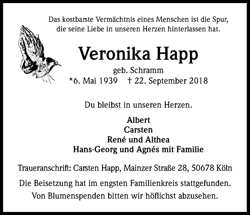  Traueranzeige für Veronika Happ vom 29.09.2018 aus Kölner Stadt-Anzeiger / Kölnische Rundschau / Express
