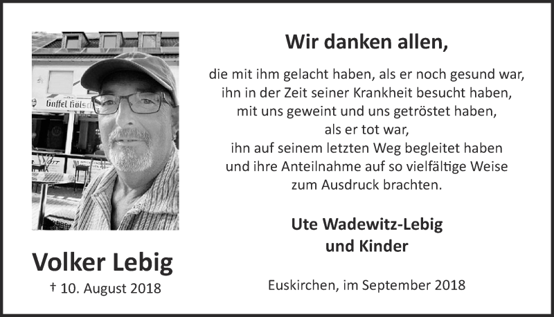  Traueranzeige für Volker Lebig vom 29.09.2018 aus  Blickpunkt Euskirchen 